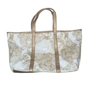 Gold & White Paisley‎ Tote Bag Large Shopper Vinyl Coated Canvas Metallic Straps